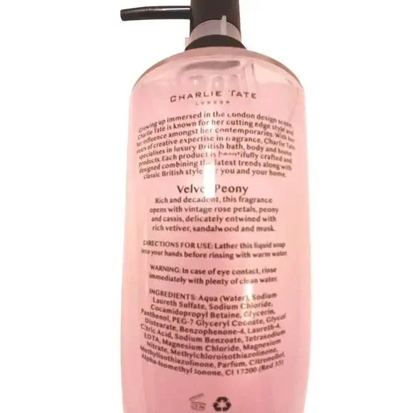 Charlie Tate London VELVET PEONY Luxury HAND WASH Glass Bottle PUMP 16.9 oz